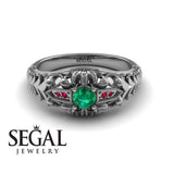 Unique Engagement Ring 14K White Gold Vintage Victorian Edwardian FiligreeGreen Emerald With Ruby 