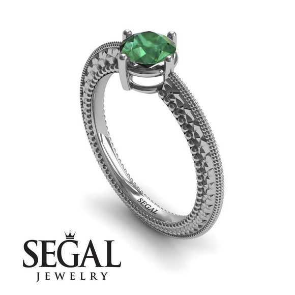 Unique Engagement Ring 14K White Gold Vintage Victorian Edwardian Green Emerald 