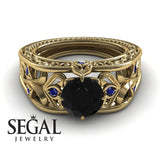 Unique Engagement Ring 14K Yellow Gold Art Deco FiligreeBlack Diamond With Sapphire 