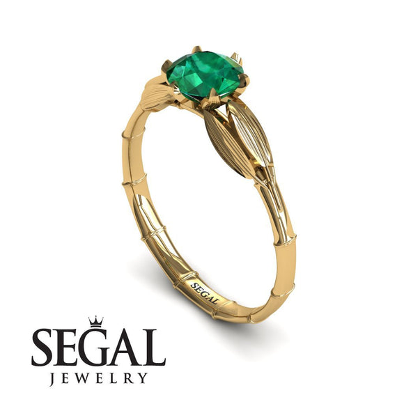 Unique Engagement Ring 14K Yellow Gold Bamboo Leafs Vintage Green Emerald 