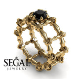 Unique Engagement Ring 14K Yellow Gold Bamboo Vintage Art Deco Black Diamond 