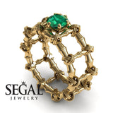 Unique Engagement Ring 14K Yellow Gold Bamboo Vintage Art Deco Green Emerald 