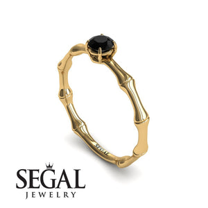 Unique Engagement Ring 14K Yellow Gold Bamboo Vintage Black Diamond 