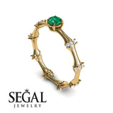 Unique Engagement Ring 14K Yellow Gold Bamboo Vintage Green Emerald With Diamond 