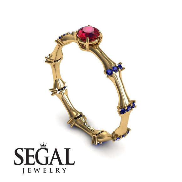 Unique Engagement Ring 14K Yellow Gold Bamboo Vintage Ruby With Sapphire 