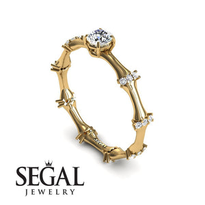 Unique Engagement Ring 14K Yellow Gold Bamboo Vintage Diamond 