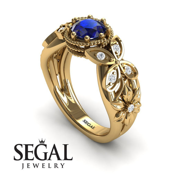 Unique Engagement Ring 14K Yellow Gold Butterfly And Flowers Vintage Sapphire With Diamond 