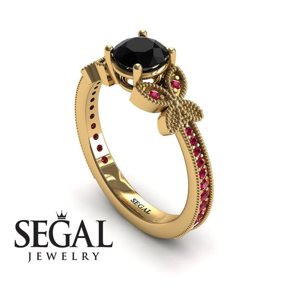 Unique Engagement Ring 14K Yellow Gold Butterfly Victorian Edwardian Black Diamond With Ruby 