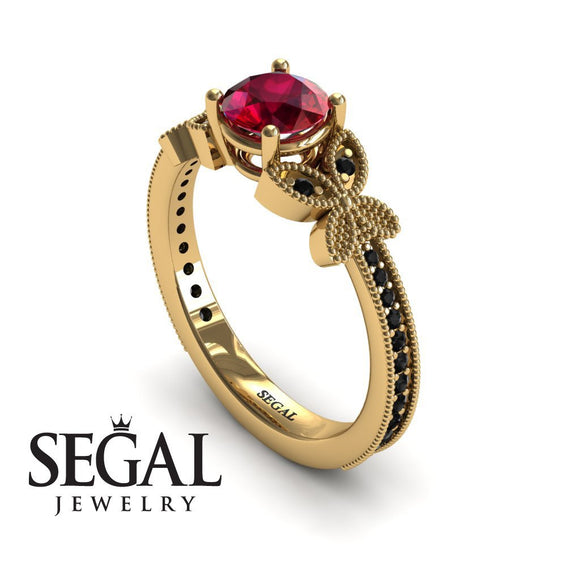 Unique Engagement Ring 14K Yellow Gold Butterfly Victorian Edwardian Ruby With Black Diamond 