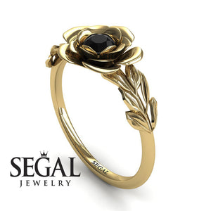Unique Engagement Ring 14K Yellow Gold Floral Flower And Leafs Vintage Black Diamond 