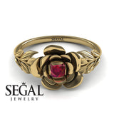 Unique Engagement Ring 14K Yellow Gold Floral Flower And Leafs Vintage Ruby 