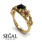 Unique Engagement Ring 14K Yellow Gold Floral Flowers And Leafs Vintage Art Deco Black Diamond With Ruby 