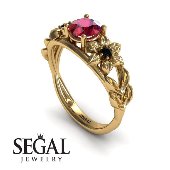 Unique Engagement Ring 14K Yellow Gold Floral Flowers And Leafs Vintage Art Deco Ruby With Black Diamond 