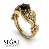 Unique Engagement Ring 14K Yellow Gold Floral Flowers Antique Black Diamond With Diamond 