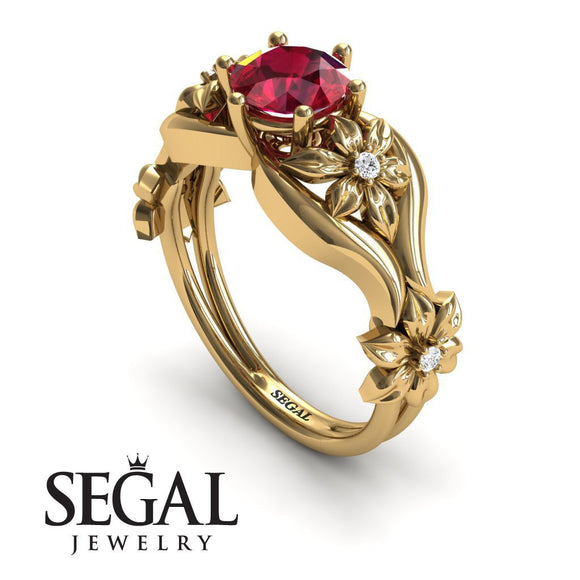 Unique Engagement Ring 14K Yellow Gold Floral Flowers Antique Ruby With Diamond 