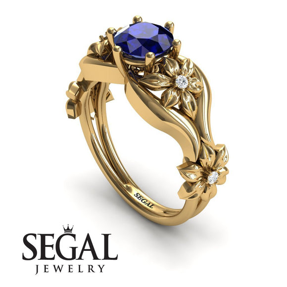 Unique Engagement Ring 14K Yellow Gold Floral Flowers Antique Sapphire With Diamond 