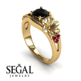 Unique Engagement Ring 14K Yellow Gold Floral Flowers Vintage Antique Black Diamond With Ruby 