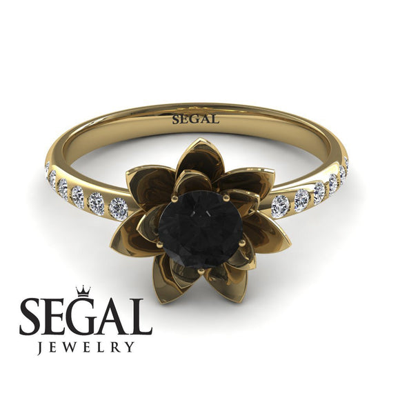 Unique Engagement Ring 14K Yellow Gold Flower Black Diamond With Diamond 
