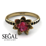 Unique Engagement Ring 14K Yellow Gold Flower Ruby With Black Diamond 