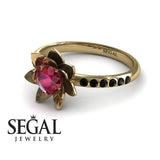 Unique Engagement Ring 14K Yellow Gold Flower Ruby With Black Diamond 