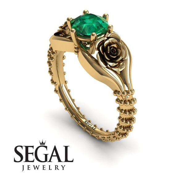 Unique Engagement Ring 14K Yellow Gold Flower Vintage Green Emerald 