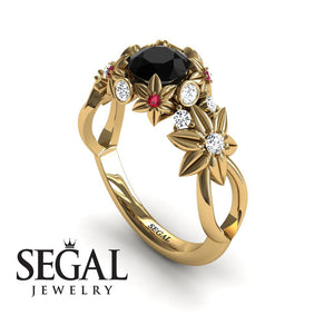 Unique Engagement Ring 14K Yellow Gold Flowers And Branches Art Deco Edwardian Black Diamond With White diamond 