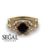 Unique Engagement Ring 14K Yellow Gold Flowers And Branches Art Deco Edwardian Black Diamond With White diamond 