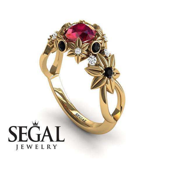 Unique Engagement Ring 14K Yellow Gold Flowers And Branches Art Deco Edwardian Ruby With Black Diamond 