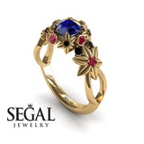 Unique Engagement Ring 14K Yellow Gold Flowers And Branches Art Deco Edwardian Sapphire With Ruby 