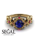 Unique Engagement Ring 14K Yellow Gold Flowers And Branches Art Deco Edwardian Sapphire With Ruby 