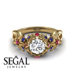 Unique Engagement Ring 14K Yellow Gold Flowers And Branches Art Deco Edwardian Diamond With Ruby 