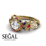 Unique Engagement Ring 14K Yellow Gold Flowers And Branches Art Deco Edwardian Diamond With Ruby 