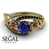 Unique Engagement Ring 14K Yellow Gold Flowers And Leafs Sapphire With Ruby And Black Diamond 