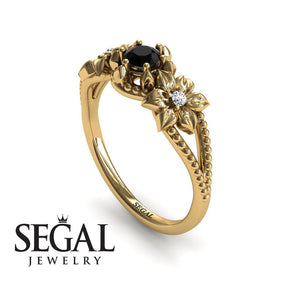 Unique Engagement Ring 14K Yellow Gold Flowers Art Deco FiligreeBlack Diamond With Diamond 
