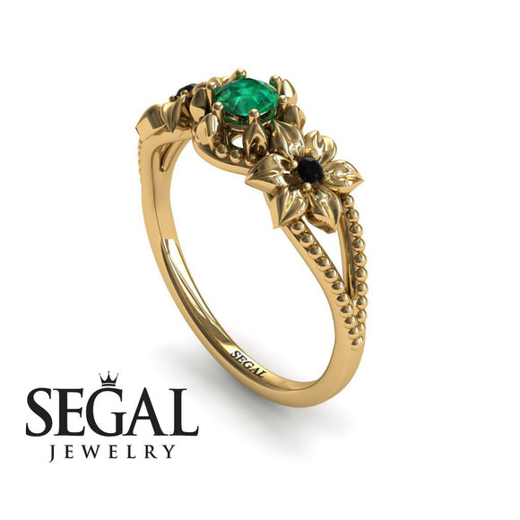 Unique Engagement Ring 14K Yellow Gold Flowers Art Deco FiligreeGreen Emerald With Black Diamond 