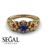 Unique Engagement Ring 14K Yellow Gold Flowers Art Deco FiligreeSapphire With Ruby 