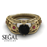 Unique Engagement Ring 14K Yellow Gold Flowers Leafs Vintage Art Deco Black Diamond With Ruby 