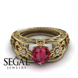 Unique Engagement Ring 14K Yellow Gold Flowers Leafs Vintage Art Deco Ruby With Diamond 