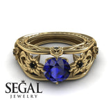 Unique Engagement Ring 14K Yellow Gold Flowers Leafs Vintage Art Deco Sapphire With Black Diamond 