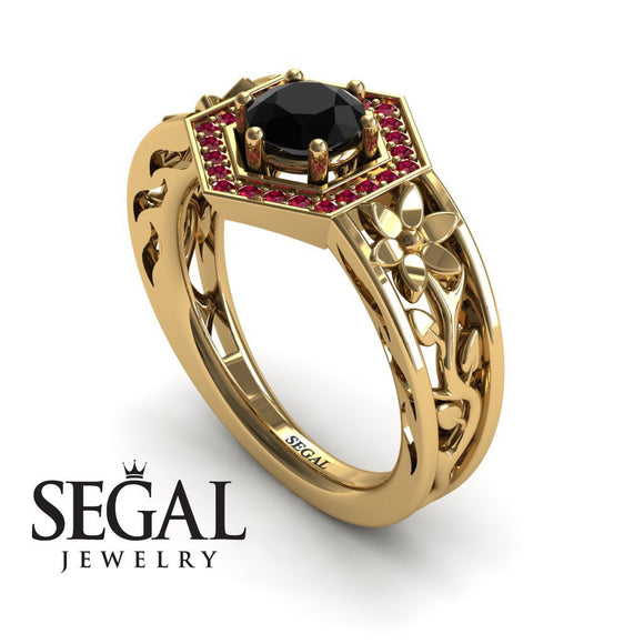 Unique Engagement Ring 14K Yellow Gold Flowers Vintage Victorian FiligreeBlack Diamond With Ruby 