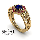 Unique Engagement Ring 14K Yellow Gold Flowers Vintage Victorian FiligreeSapphire With Ruby 