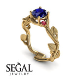 Unique Engagement Ring 14K Yellow Gold Leafs And Branches Art Deco Sapphire With Ruby 