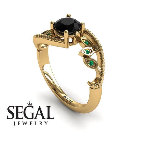 Unique Engagement Ring 14K Yellow Gold Leafs And Branches Victorian FiligreeBlack Diamond With Green Emerald 