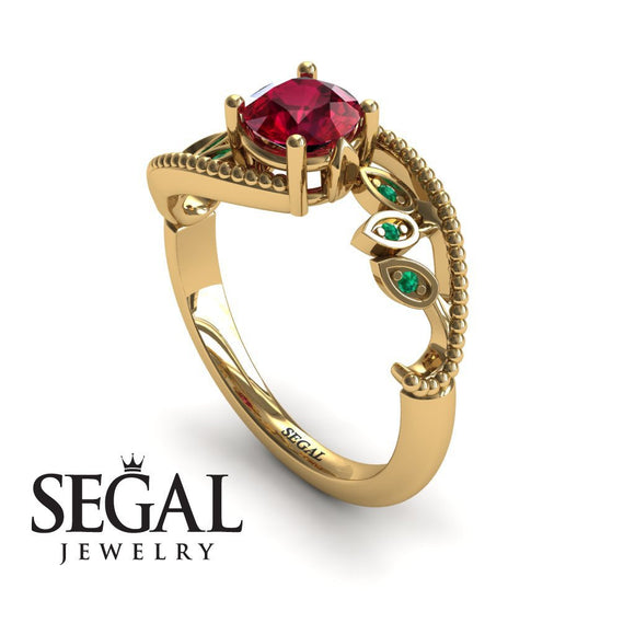 Unique Engagement Ring 14K Yellow Gold Leafs And Branches Victorian FiligreeRuby With Green Emerald 