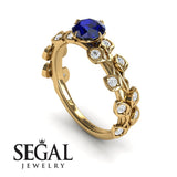 Unique Engagement Ring 14K Yellow Gold Leafs And Branches Vintage Sapphire With Diamond 