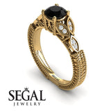 Unique Engagement Ring 14K Yellow Gold Leafs Vintage Victorian Edwardian Art DecoBlack Diamond With Diamond 