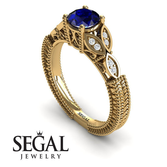 Unique Engagement Ring 14K Yellow Gold Leafs Vintage Victorian Edwardian Art DecoSapphire With Diamond 