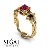 Unique Engagement Ring 14K Yellow Gold Ruby Black Diamond With Black Diamond 
