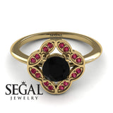 Unique Engagement Ring 14K Yellow Gold Vintage Antique Victorian Black Diamond With Ruby 