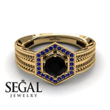 Unique Engagement Ring 14K Yellow Gold Vintage Art Deco Edwardian FiligreeBlack Diamond With Sapphire 